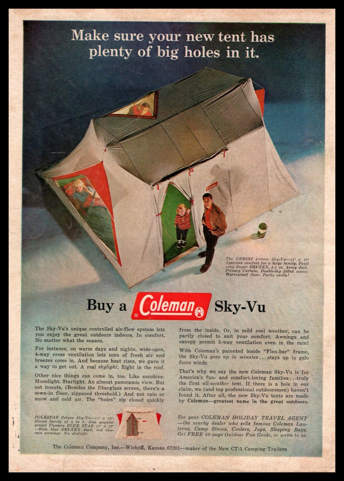 1967 Coleman Wichita Kansas Gemini Sky-Vu Dri-Tex Camping Tent Vintage Print Ad