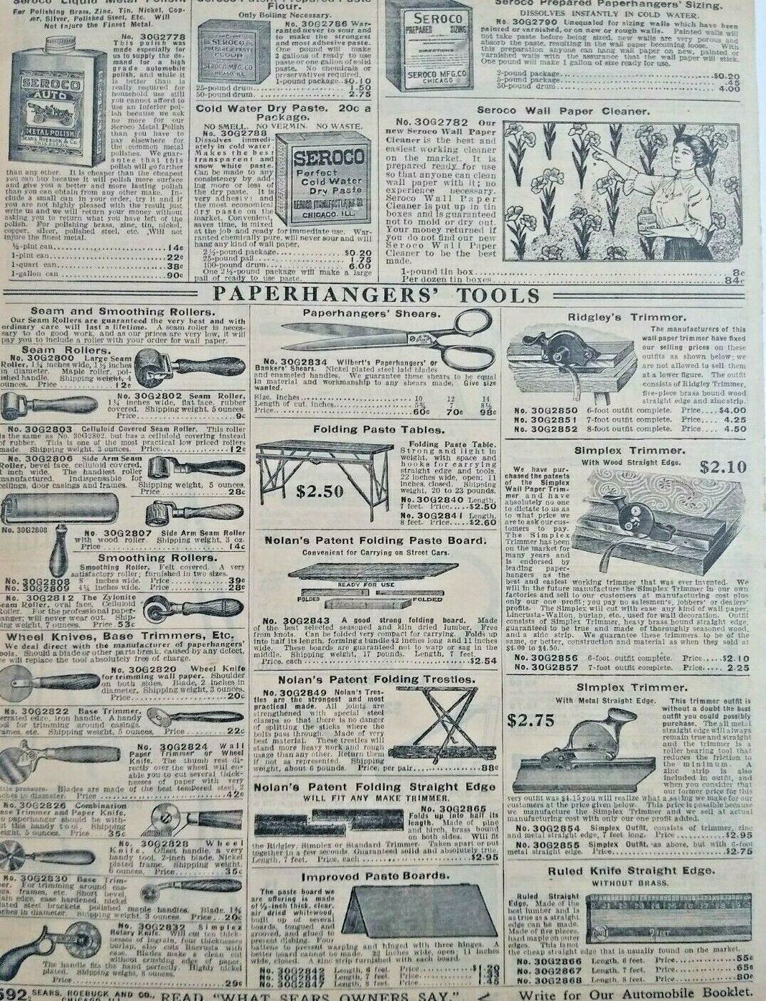 1911 Antique Paperhanger Tools Art Sears Catalog Page Vintage Print Ad
