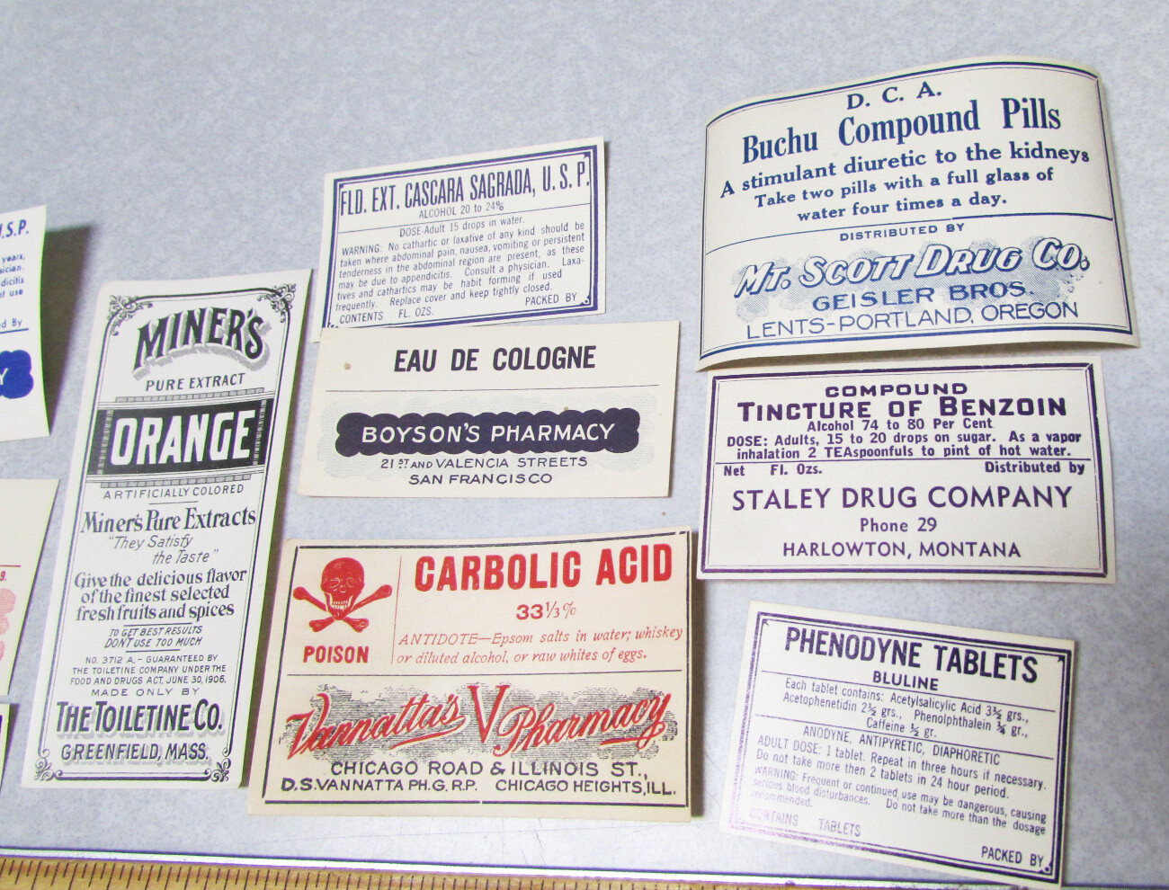 Vintage Pharmacy store unused labels set of 10 all different, mixed 1880s-1940s
