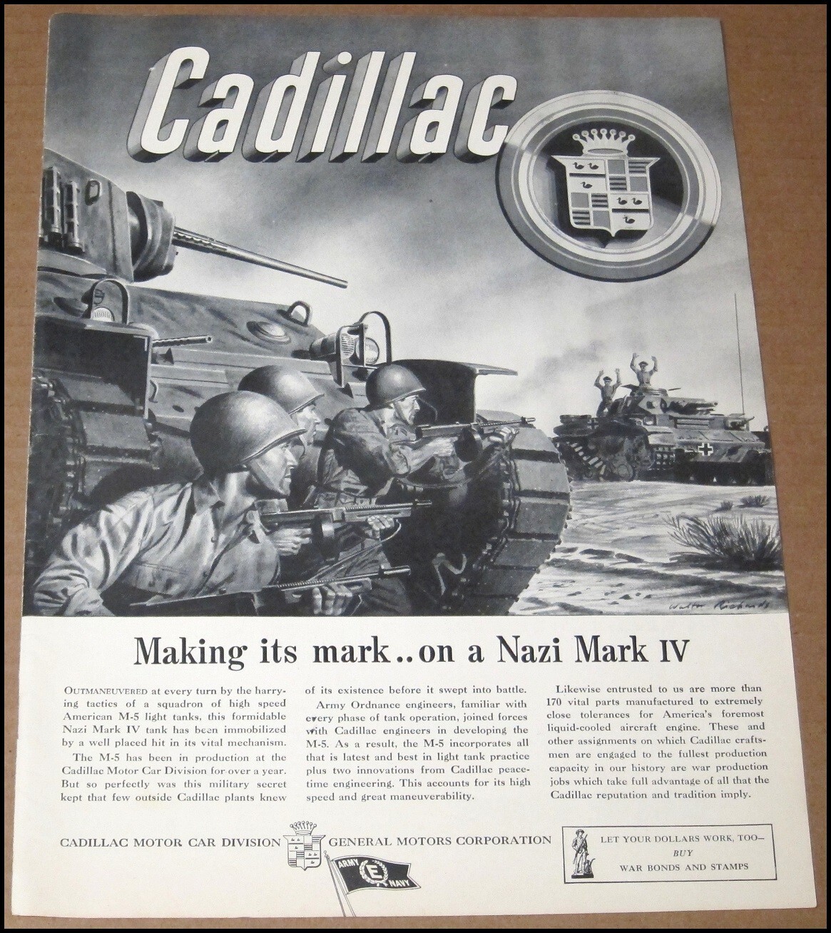 1943 Cadillac World War II M-5 Tank Print Ad Advertisement Vintage Nazi Mark WW2