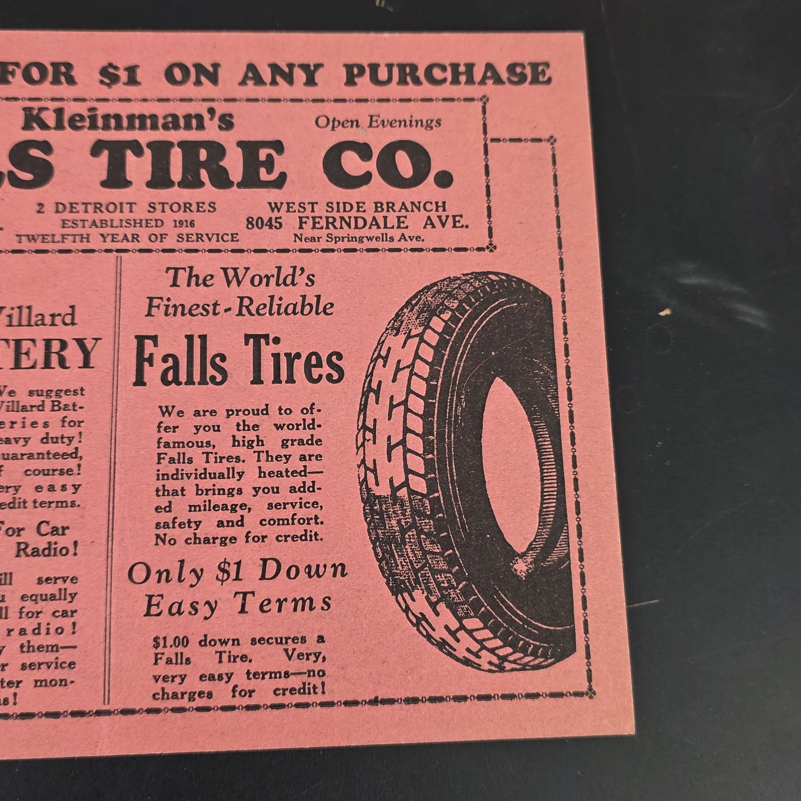 1928 Kleinman’s Falls Tire Co Detroit Willard Battery Radio Coupon Advertising