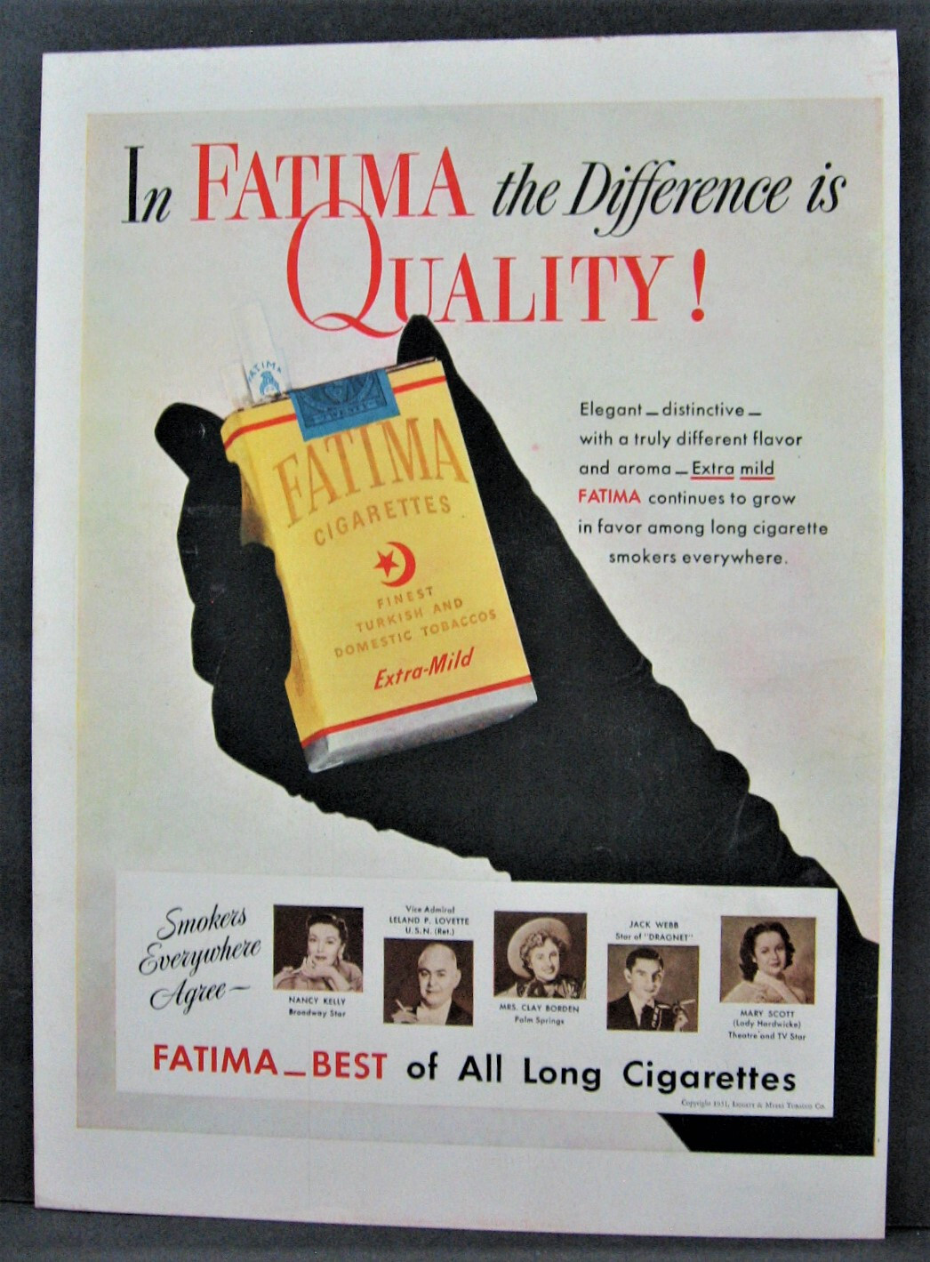 Vintage 1951 Fatima Cigarette Magazine Ad Full Pg Nancy Kelly Mary Scott Dragnet