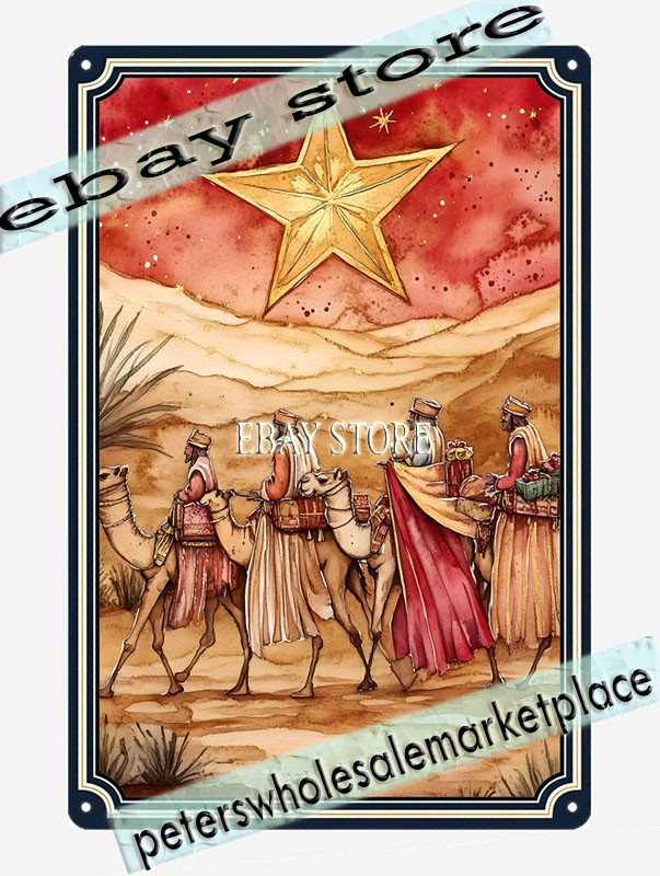 Three Kings Arrival Metal Tin Sign Vintage Nativity Scene