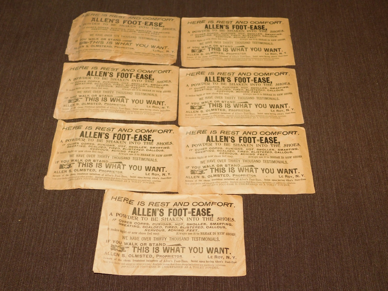 VINTAGE OLD ADVERTISING 7 ALLEN’S FOOT EASE POWDER LE ROY NY SAMPLE ENVELOPES