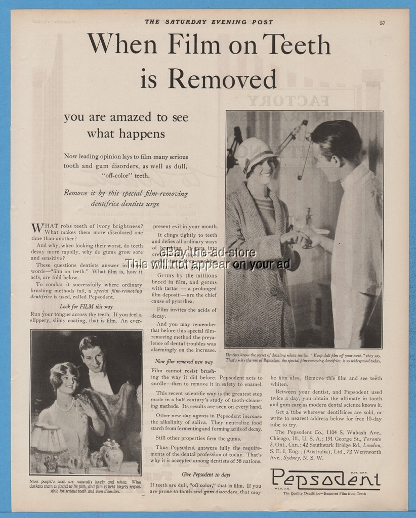 1928 Pepsodent Toothpaste Dentist Dental Office Bathroom Decor Film on Teeth Ad