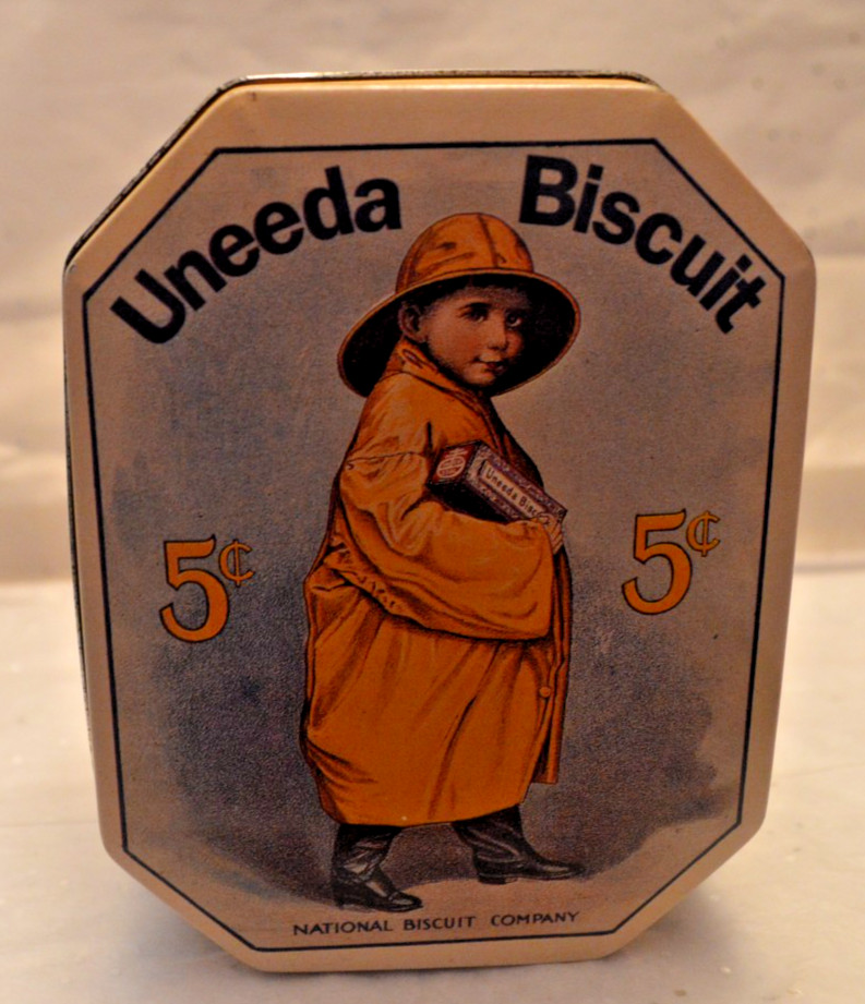 Tin Bristol Ware Uneeda National Biscuit Co Raincoat Boy Tin Canister