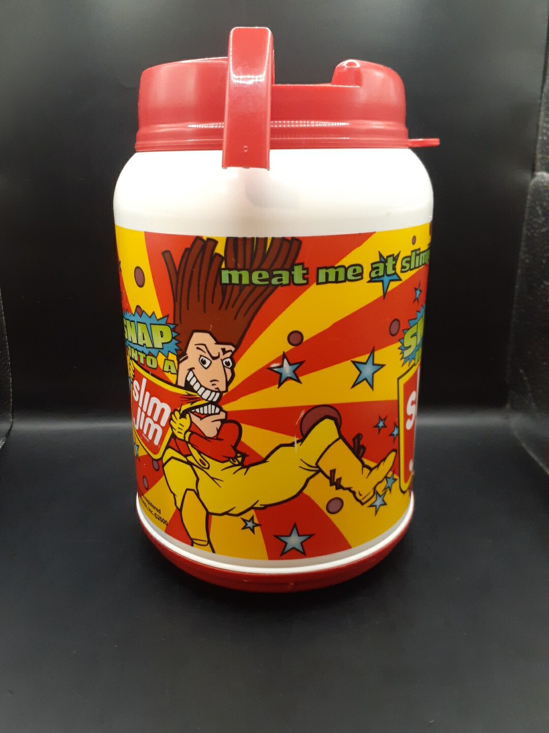 Vintage 2002 Snap Into A Slim Jim 64oz Travel Mug Whirley USA Slim Jim Guy