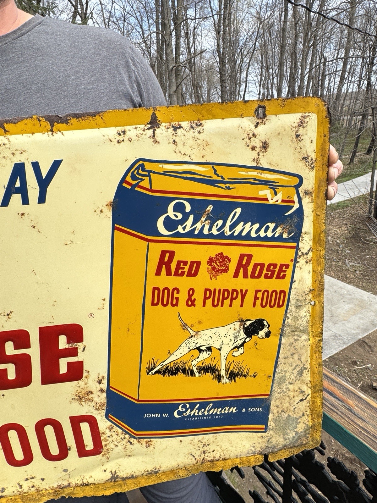 Vintage Metal Red Rose Dog And Puppy Food Farm Sign 36×18 dog Graphics Eshelman