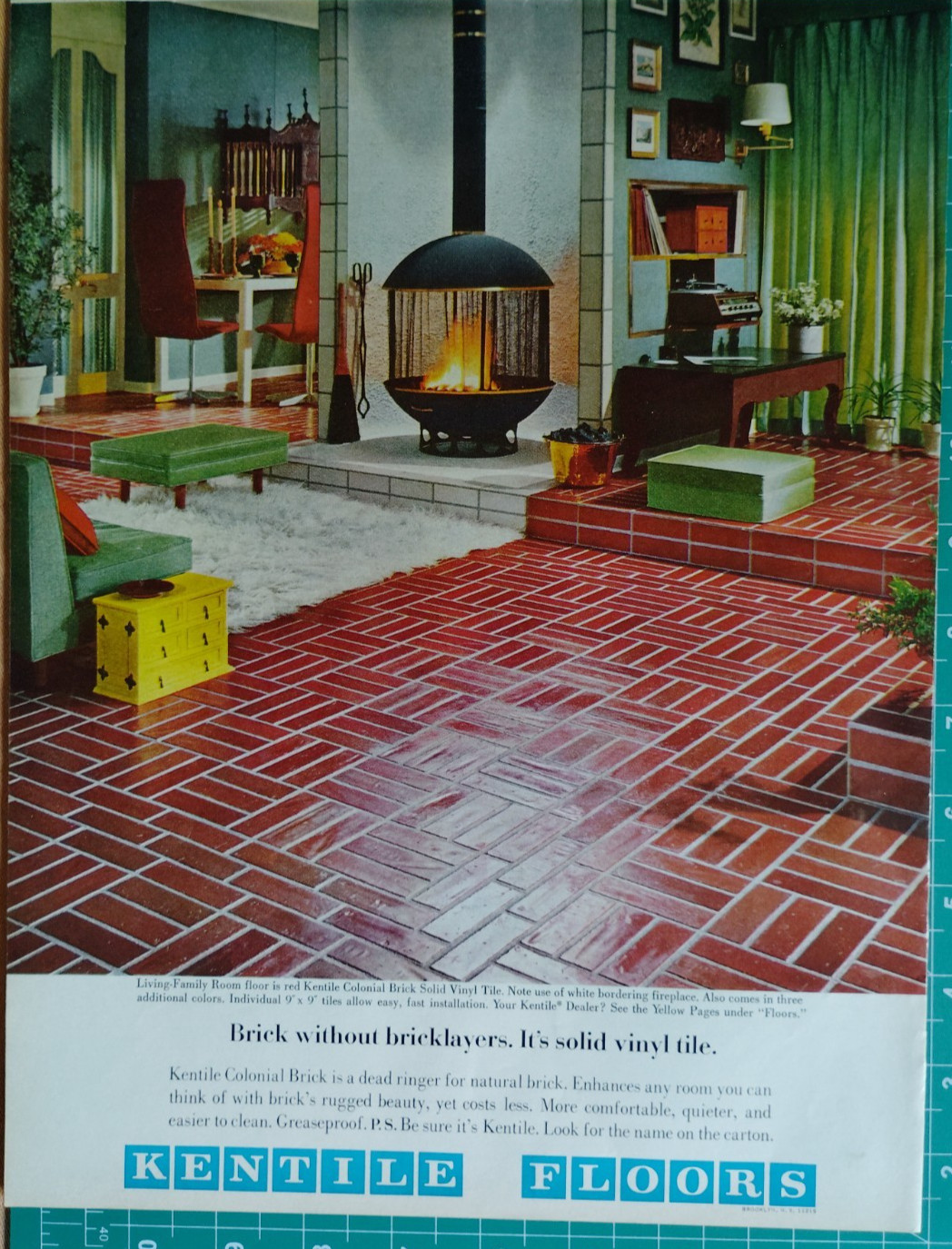 Vintage Retro 1968 Ad Kentile Floors Solid Vinyl Tile Flooring Brick Pattern
