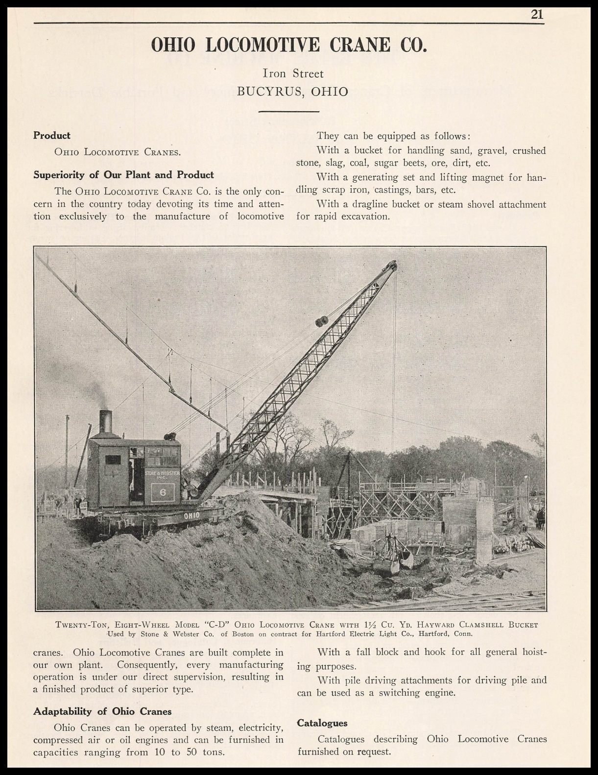 1922 Stone & Webster Co. Boston Photo Model C-D Ohio Locomotive Crane Print Ad