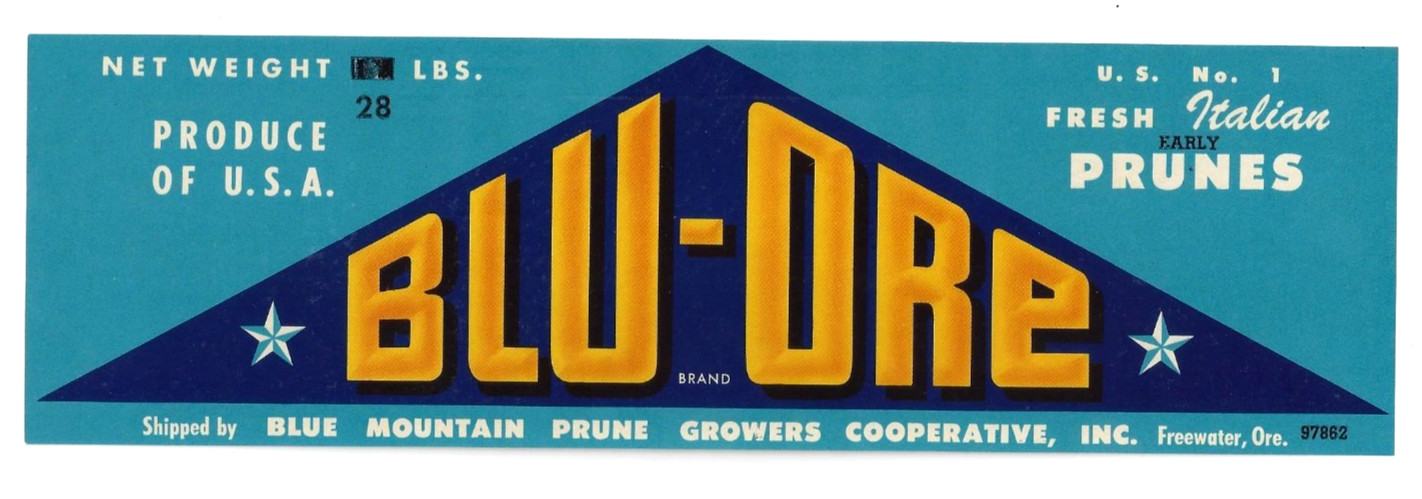 Original BLU-ORE early prune crate label Blue Mountain Milton-Freewater Oregon
