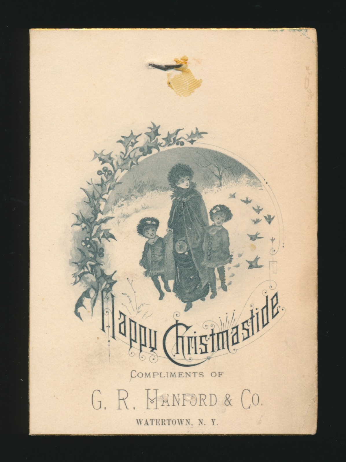 Victorian Trade Card Happy Christmastide G.R. Hanford Co Watertown New York READ