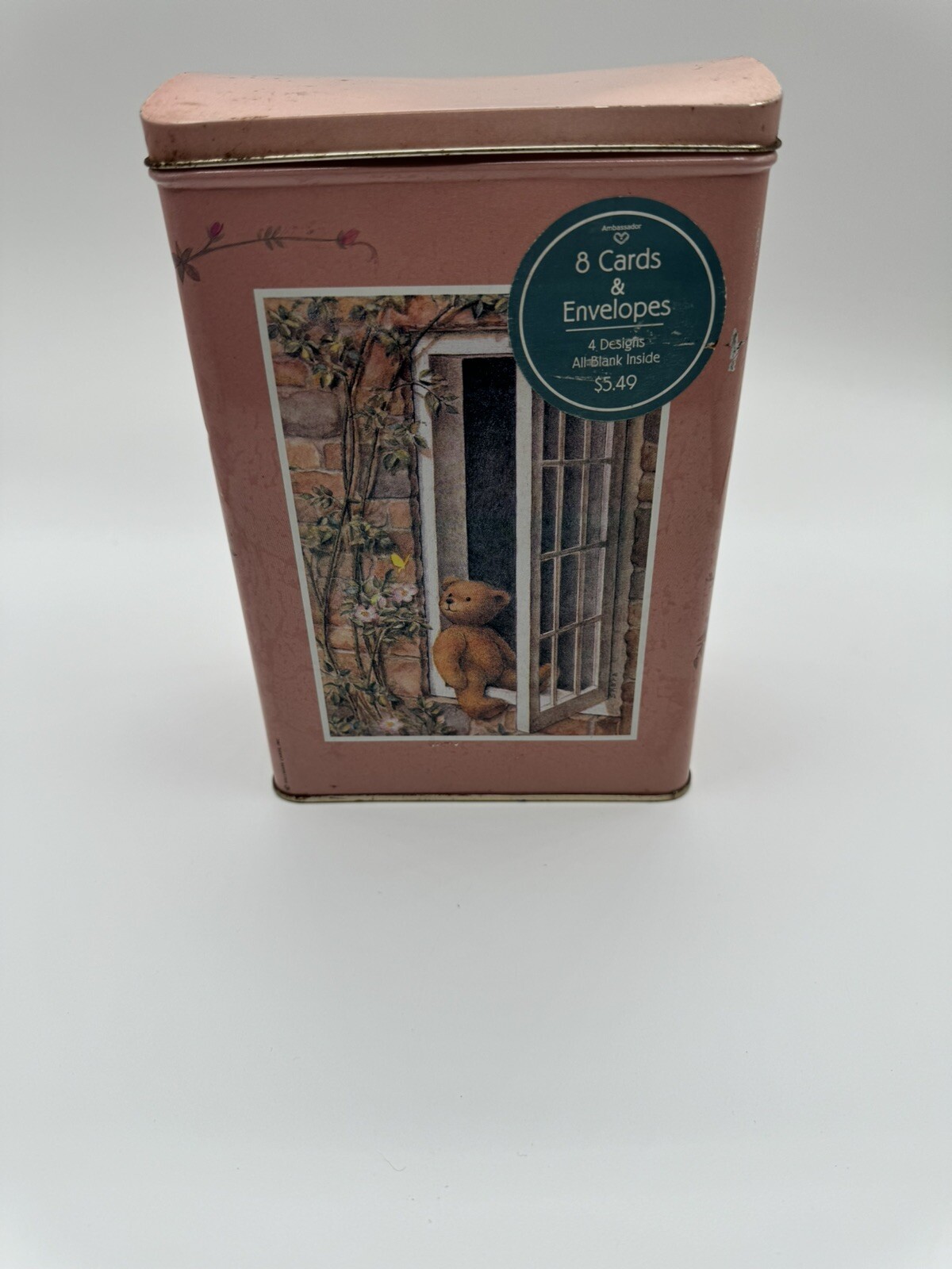 Vintage Rectangle Tin Pink Teddy Bear Floral Cute 8” Tall Cottagecore