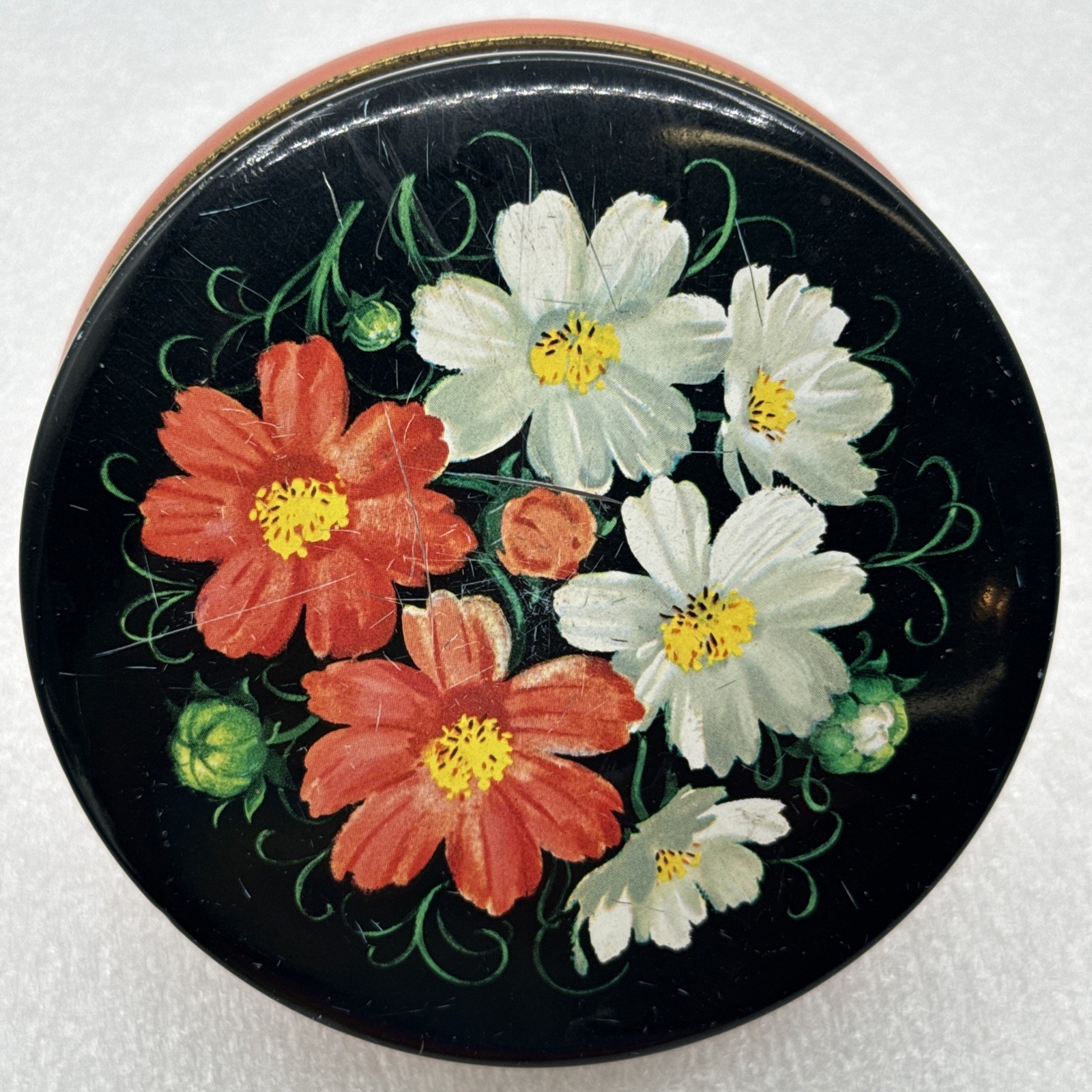 Vintage Riley’s Toffee Peach Round 4.75″ Floral Embossed Tin Container, England