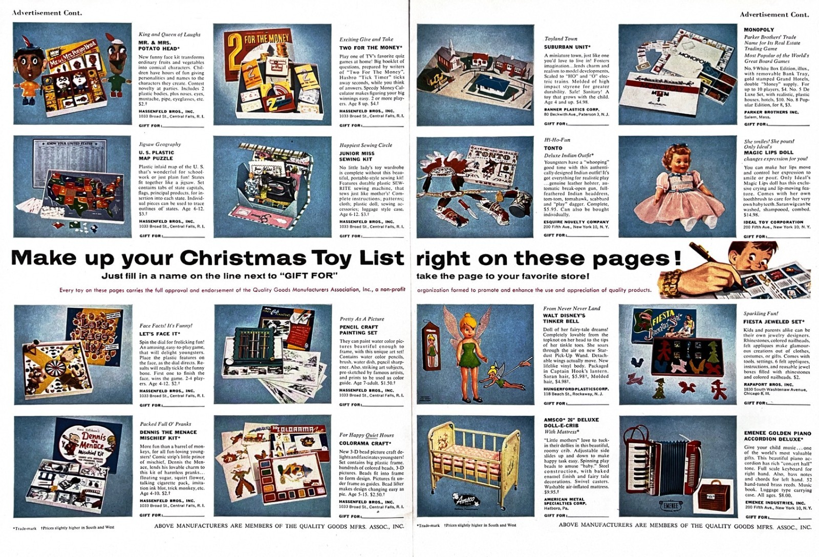 1955 CHRISTMAS TOY LIST Original Vintage 2-PAGE Print Ad Toys 14″ x 20″