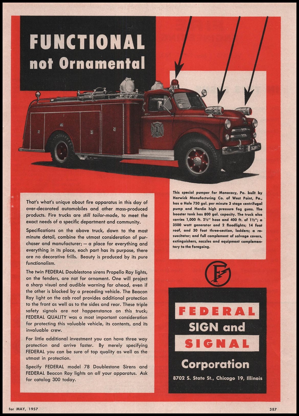 1957 West Point Pennsylvania Fire Truck Photo Federal Doublestone Siren Print Ad