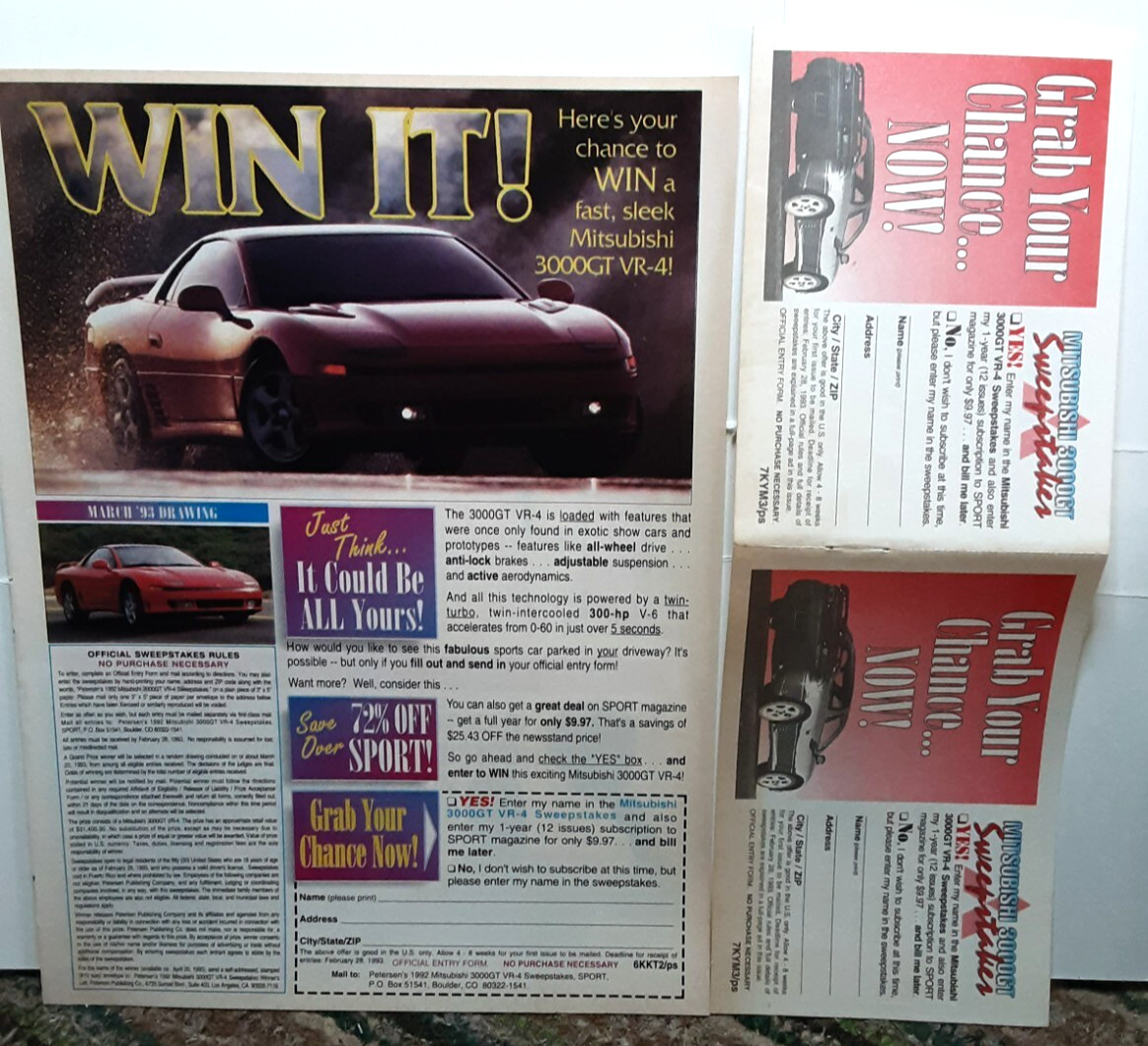 1992 Mitsubishi 3000GT VR-4 Car Sweepstakes Print Ad Original advertisement 90s