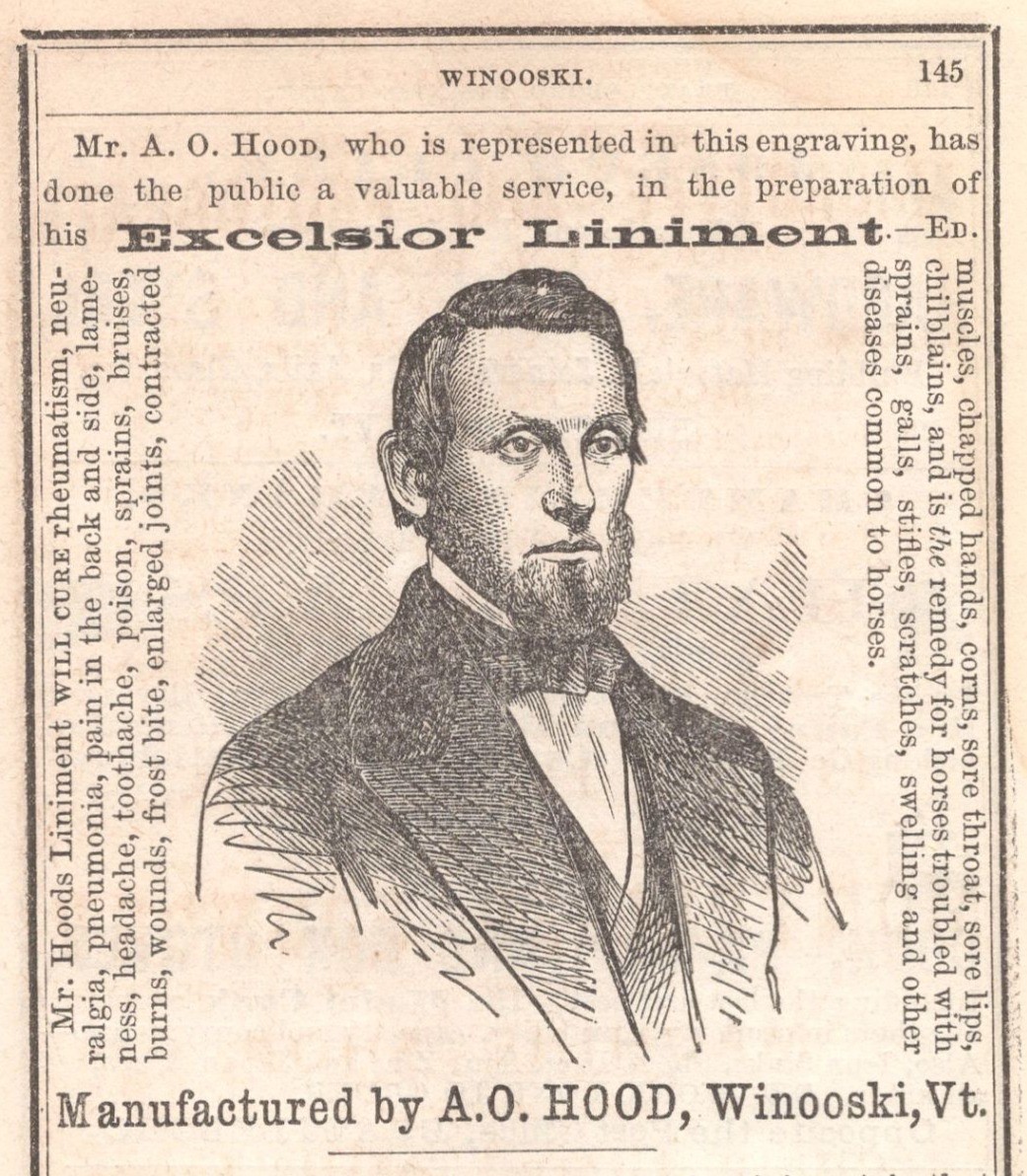 A.O. HOOD Excelsior Liniment Quack Remedy Winooski, VT Original 1863 Print Ad