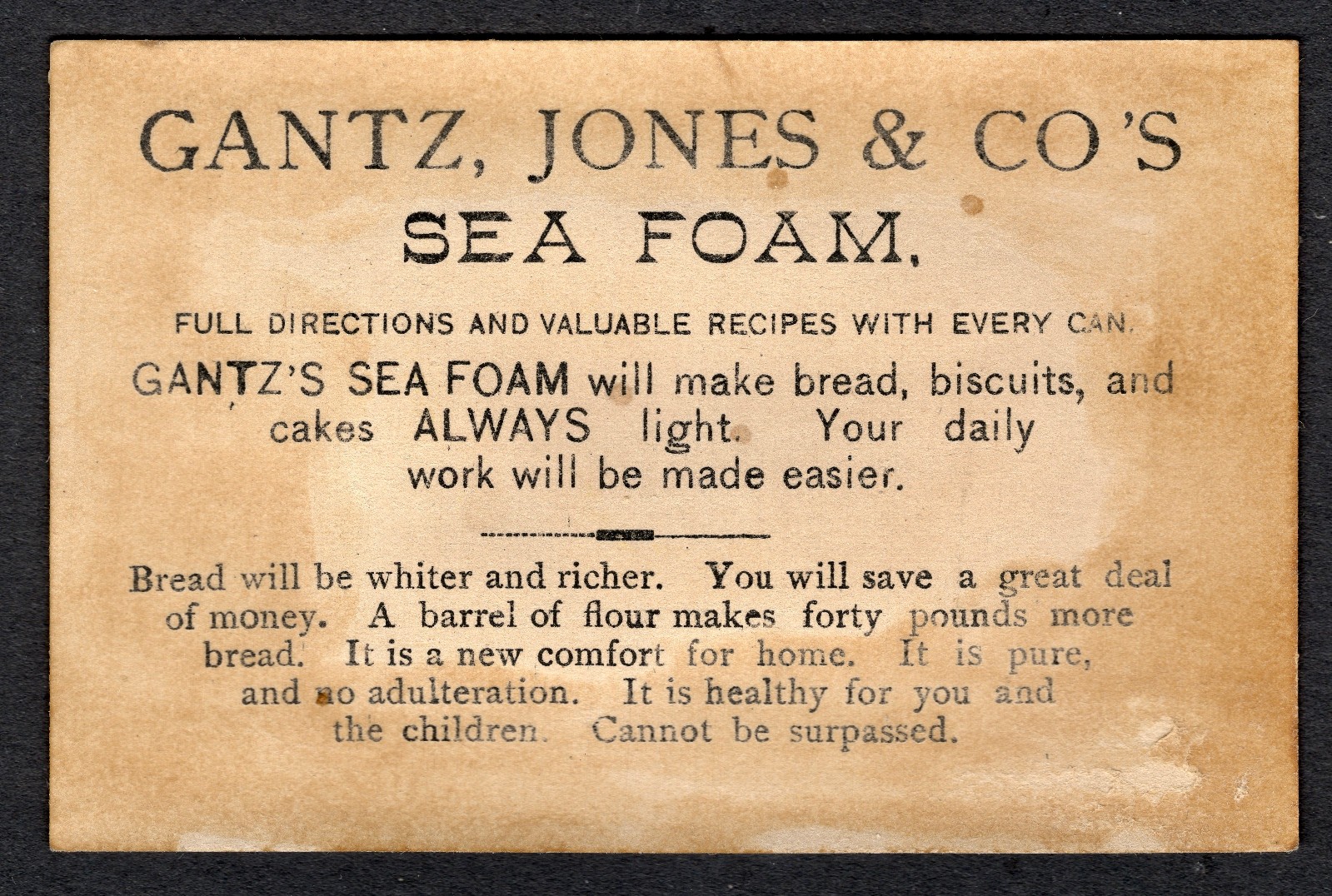 Gantz, Jones & Co’s “Sea Foam” for Baking, Victorian Adv. Trade Cards