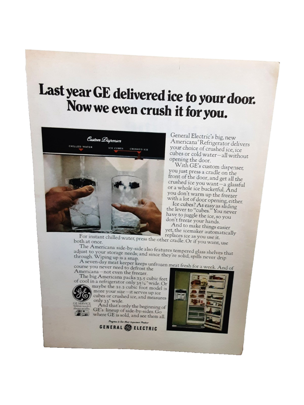 1970 General Electric Refrigerator Vintage Print Ad Americana Crushed Ice