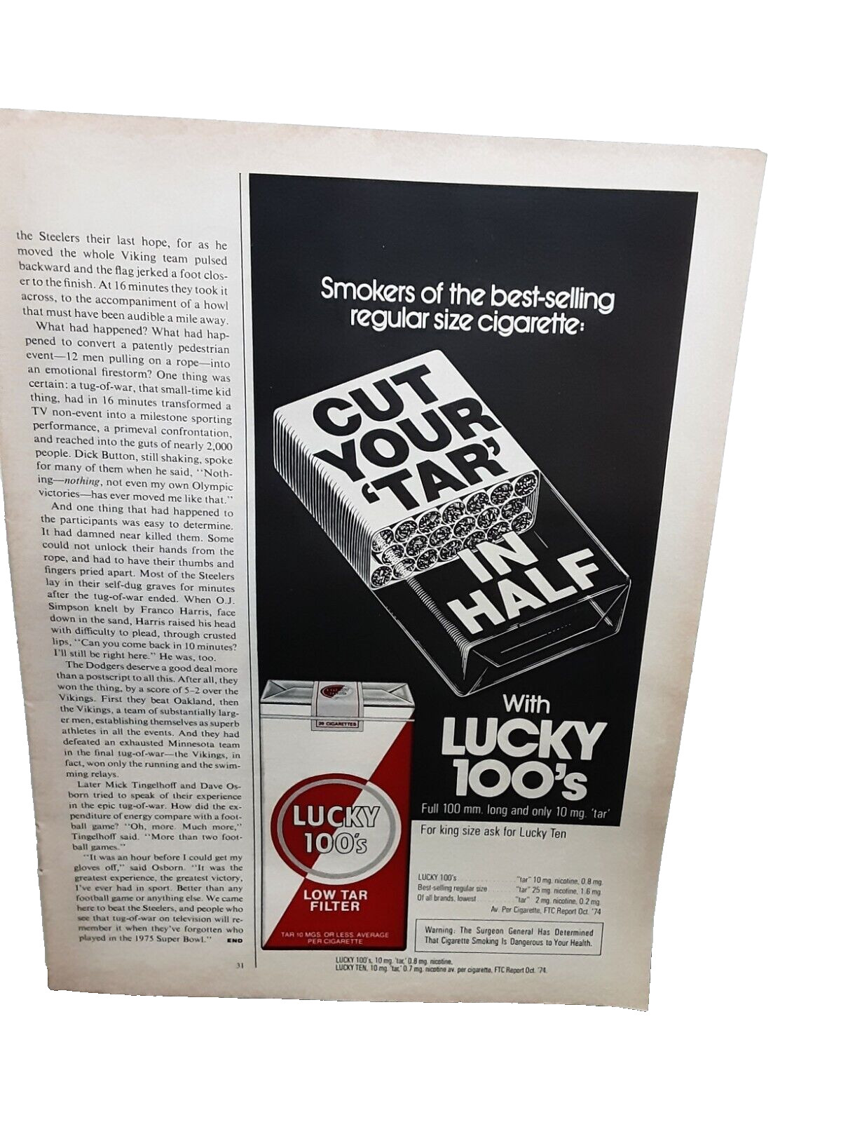 1975 Lucky 100s Cigarettes Cut Your Tar In Half Original Print Ad Vintage 70s
