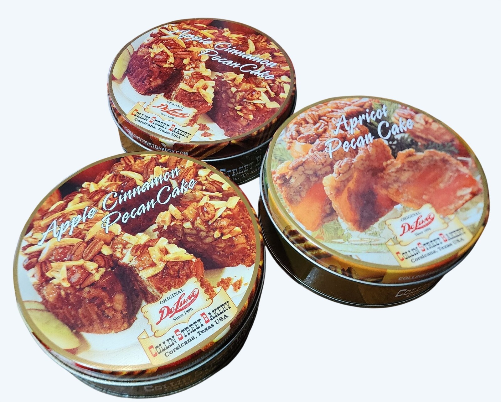 3 Vtg Empty Collin Street Bakery Apple Cinnamon & Apricot Pecan Cakes Tins 5 in