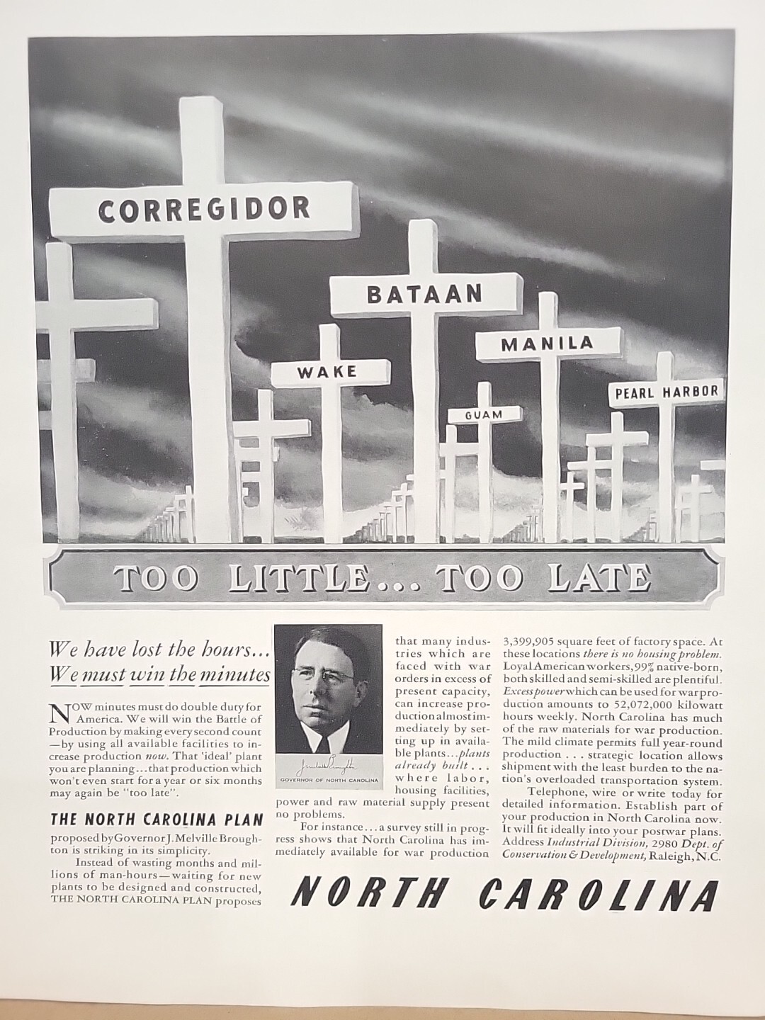 1942 North Carolina Plan Fortune WW2 Print Ad Q3 J. Melville Broughton Homefront
