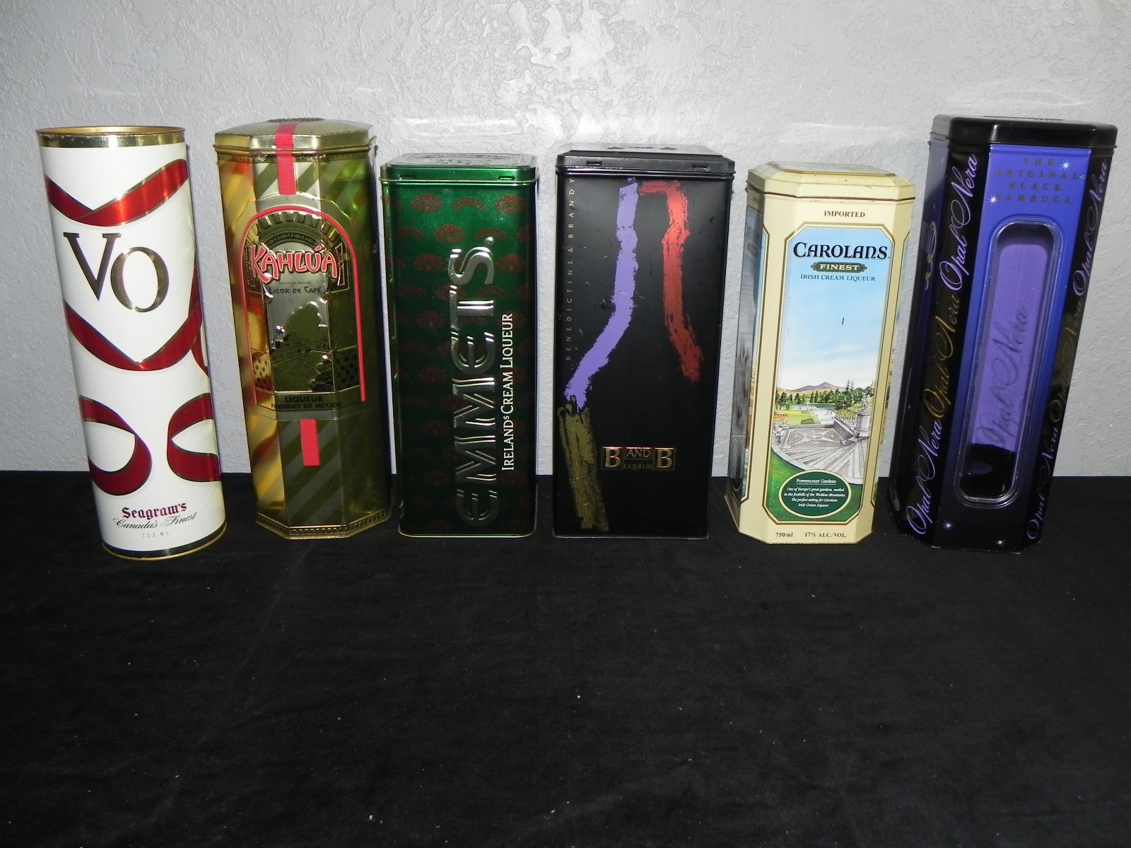6 Vintage Liquor Tins CAROLANS Opal Nera Black Sambuca KAHLUA Emmets B&B Seagram