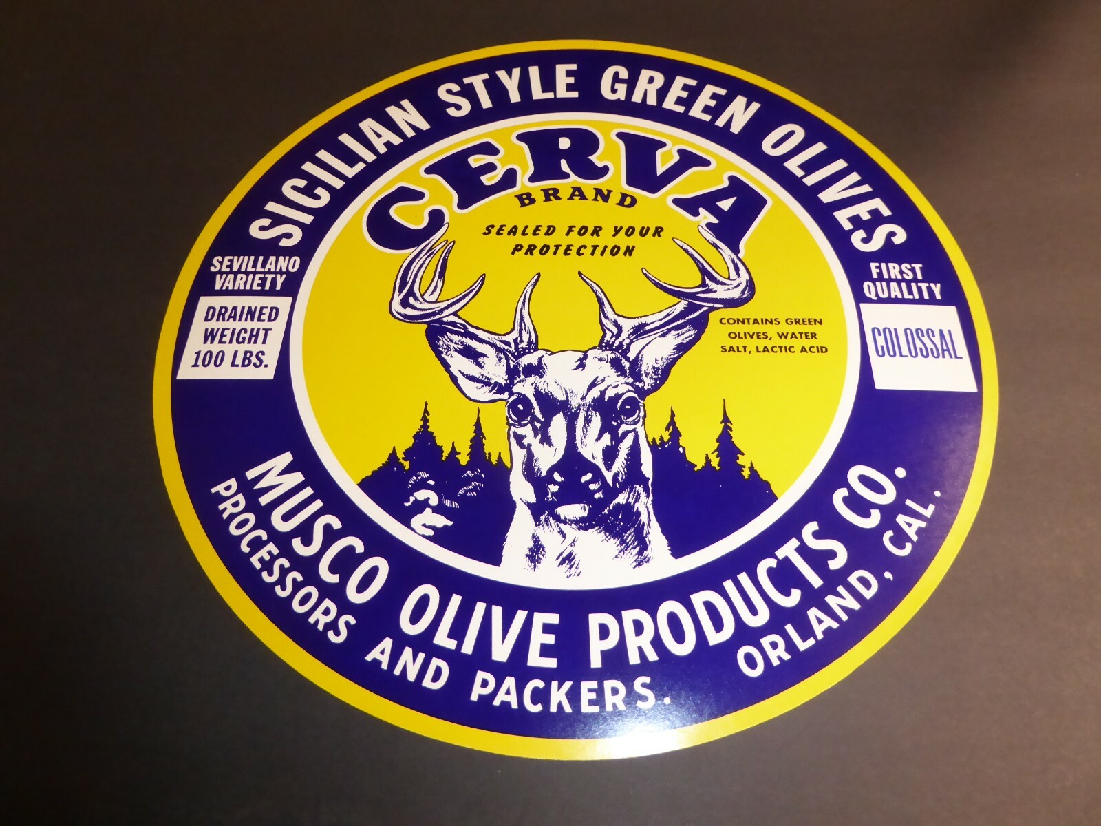 LABEL BARREL ORLAND CALIFORNIA GLENN COUNTY DEER BUCK STAG SICILIAN OLIVES 1950