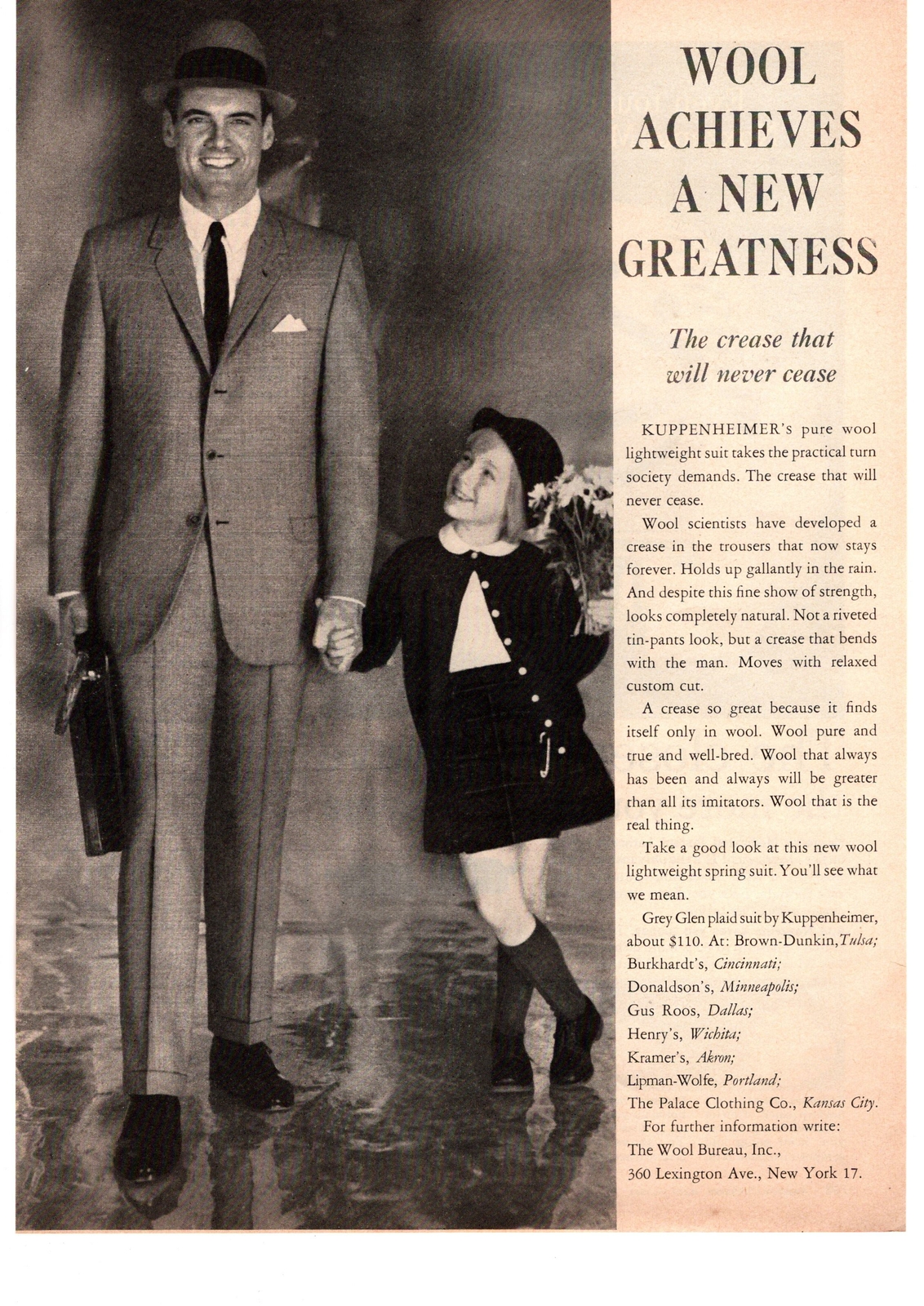 1961 Kuppenheimer Grey Glen Plaid Suit Businessman Daughter Wool Bureau Print Ad