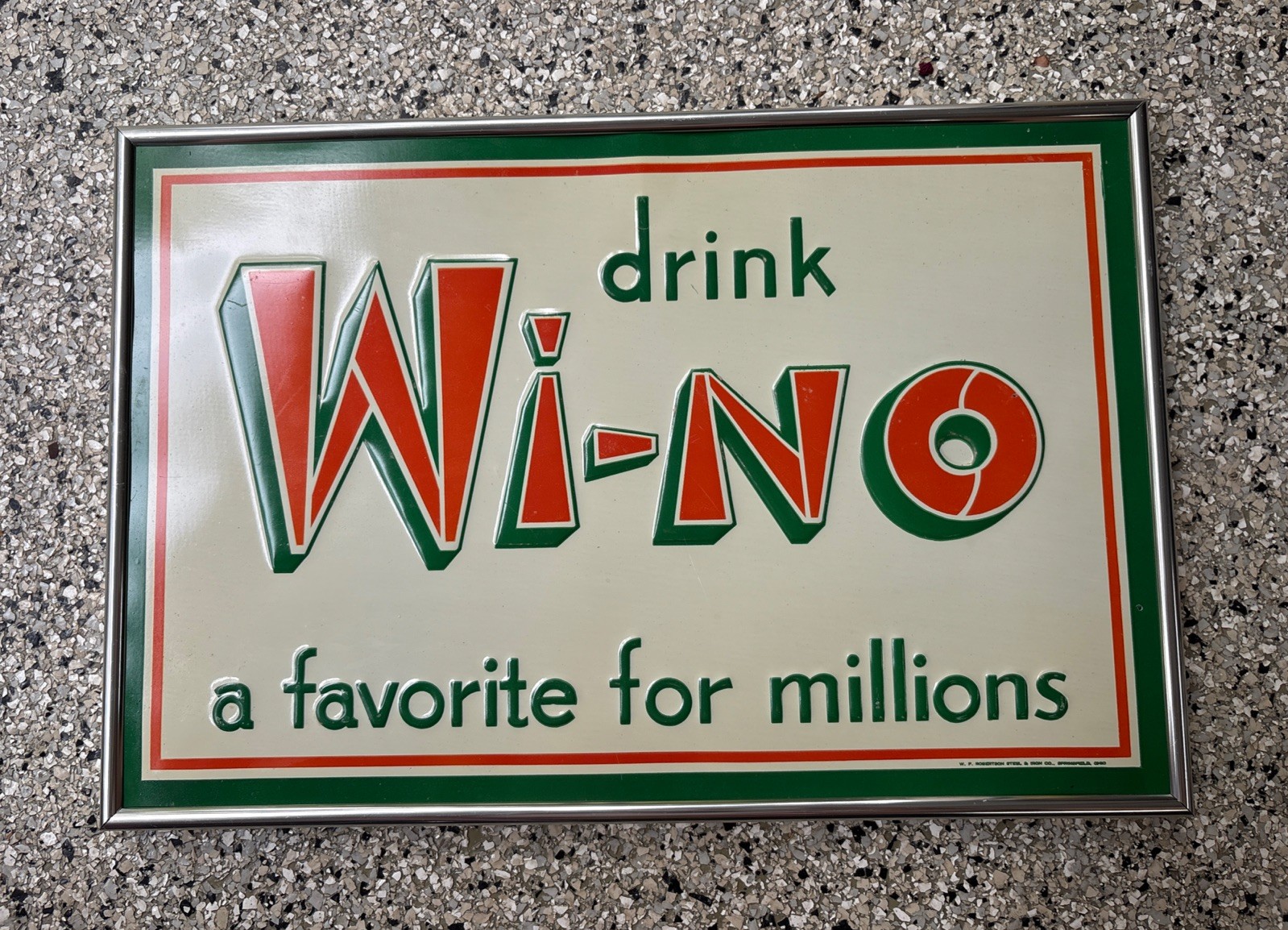 Vintage 1940’s Drink Wi-No Tin Soda Sign Rare Original Embossed Orange Green