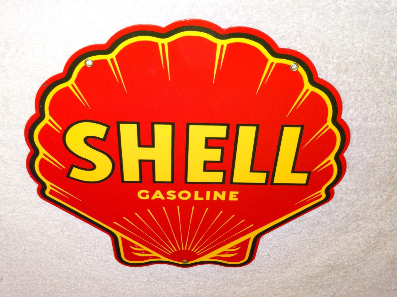 VINTAGE SHELL GASOLINE RARE RED 11 3/4″ PORCELAIN METAL SERVICE STATION OIL SIGN