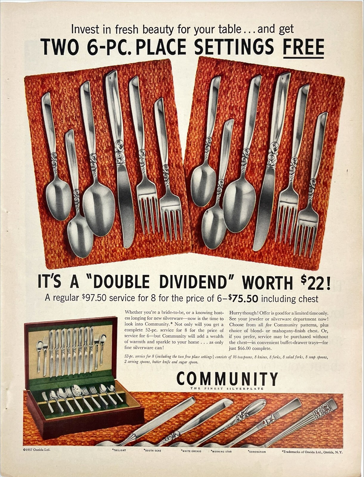 Oneida Community South Seas Flatware Silverware Vtg Advertising Magazine Ad 1957