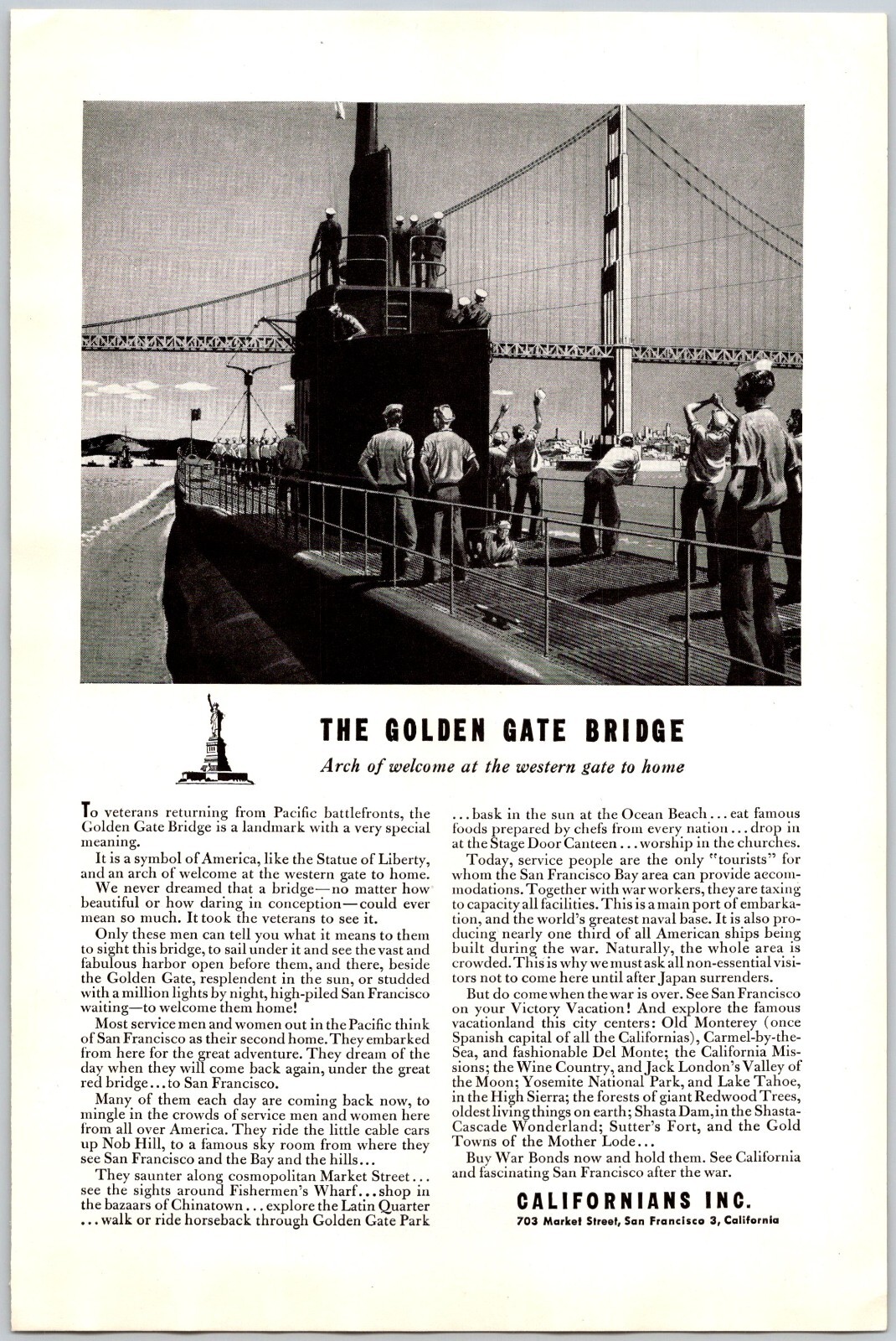 PRINT AD 1945 Golden Gate Bridge Western Gate to Home WWII Era 6.75″ x 10″