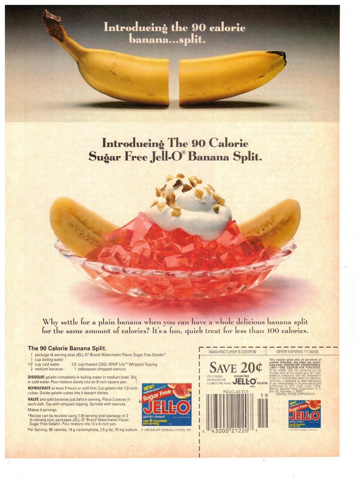 Jello Sugar Free Introducing 90 Calorie Banana Split Vintage 1993 Print Ad