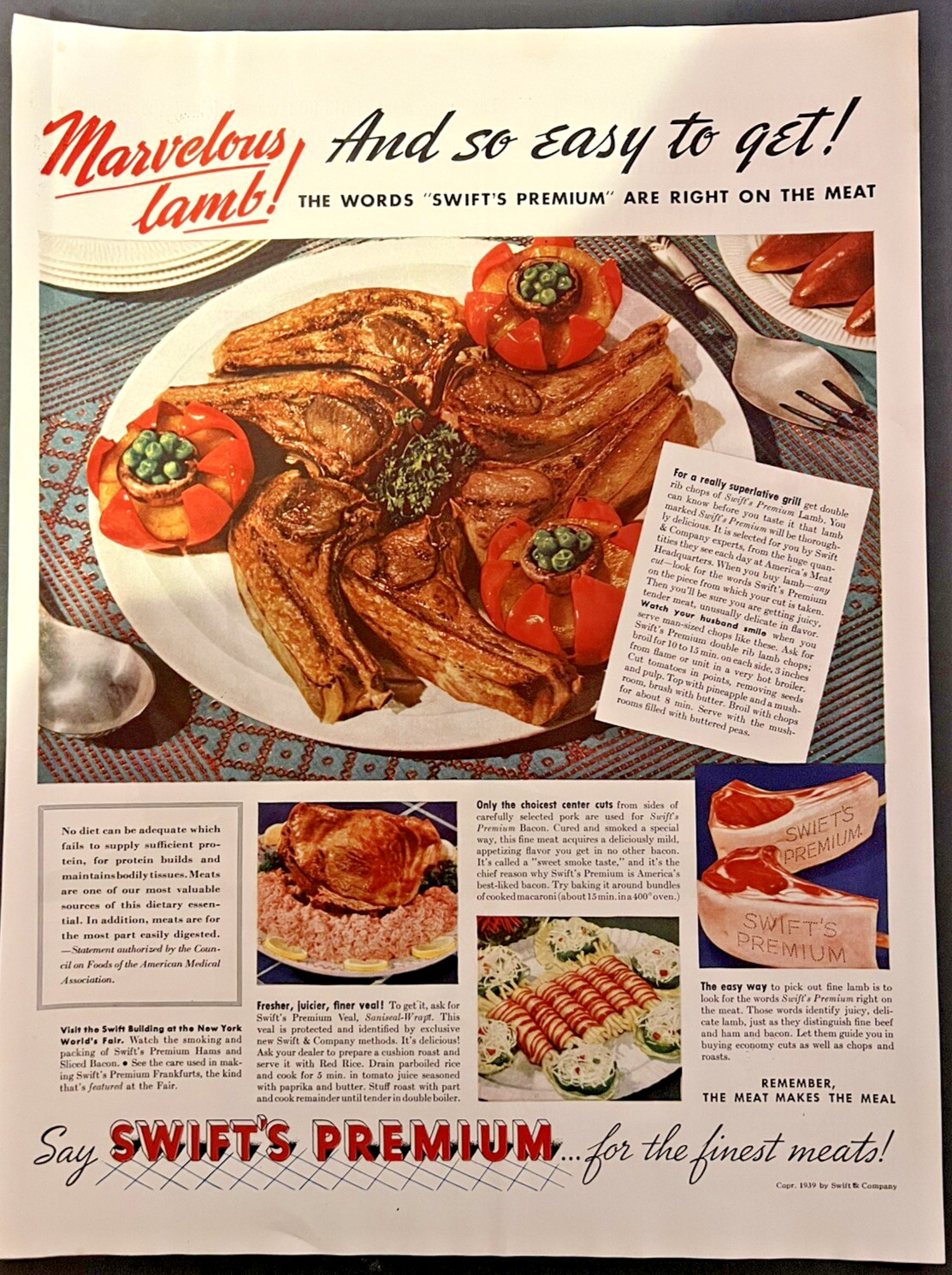 Vtg 1930s AD Swift’s Premium Meats, Swift & Co, American Med Assoc, Protein