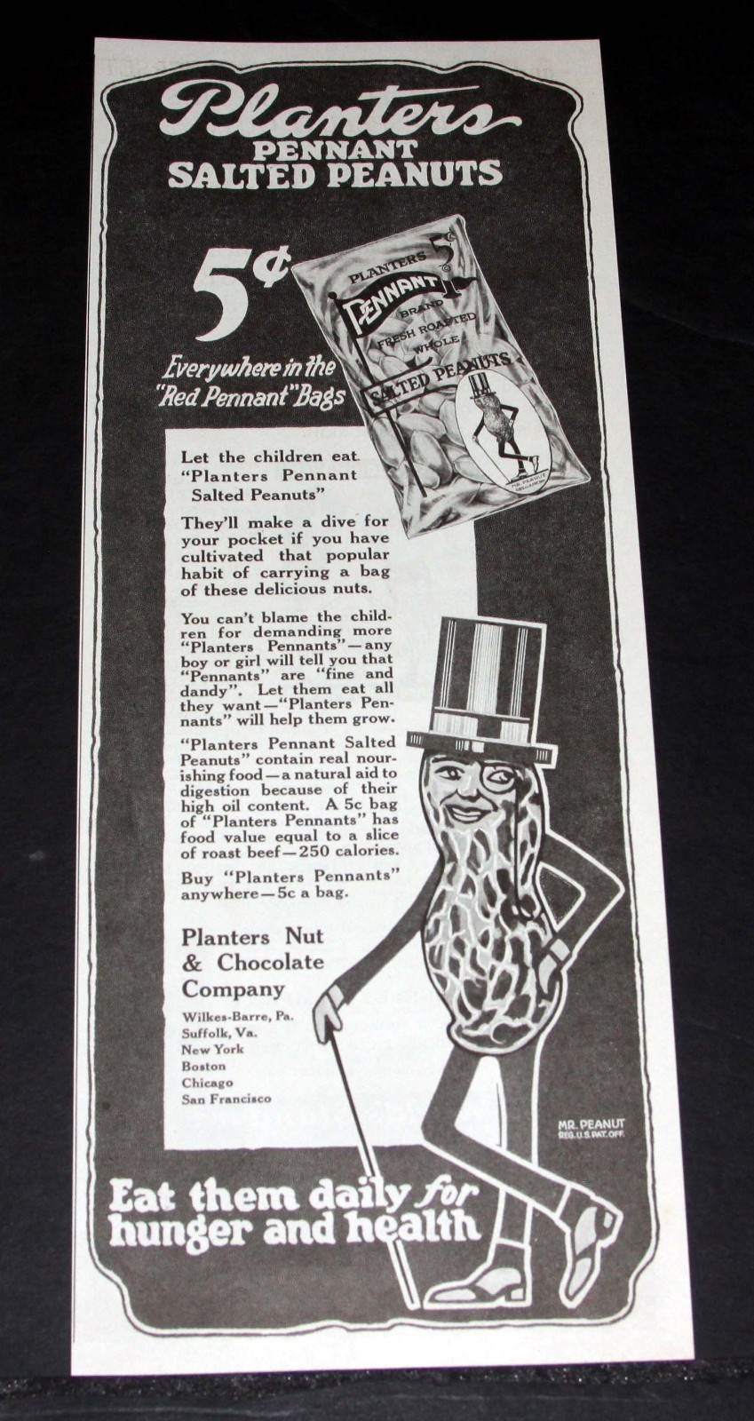 1922 OLD MAGAZINE PRINT AD, PLANTERS PEANUTS-EAT THEM DAILY FOR HUNGER & HEALTH!