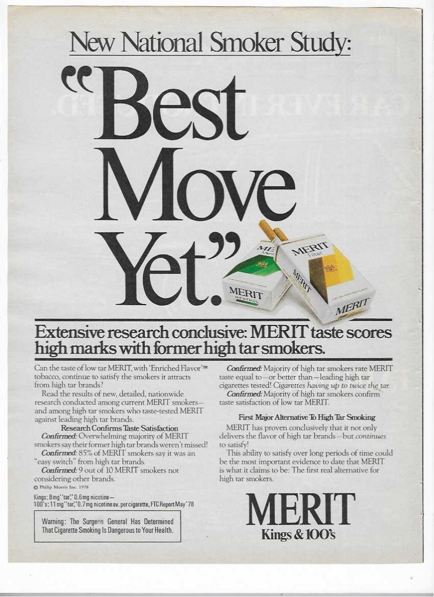 Merit Kings & 100s Tobacco Cigarettes 1978 Vintage Print Advertisement