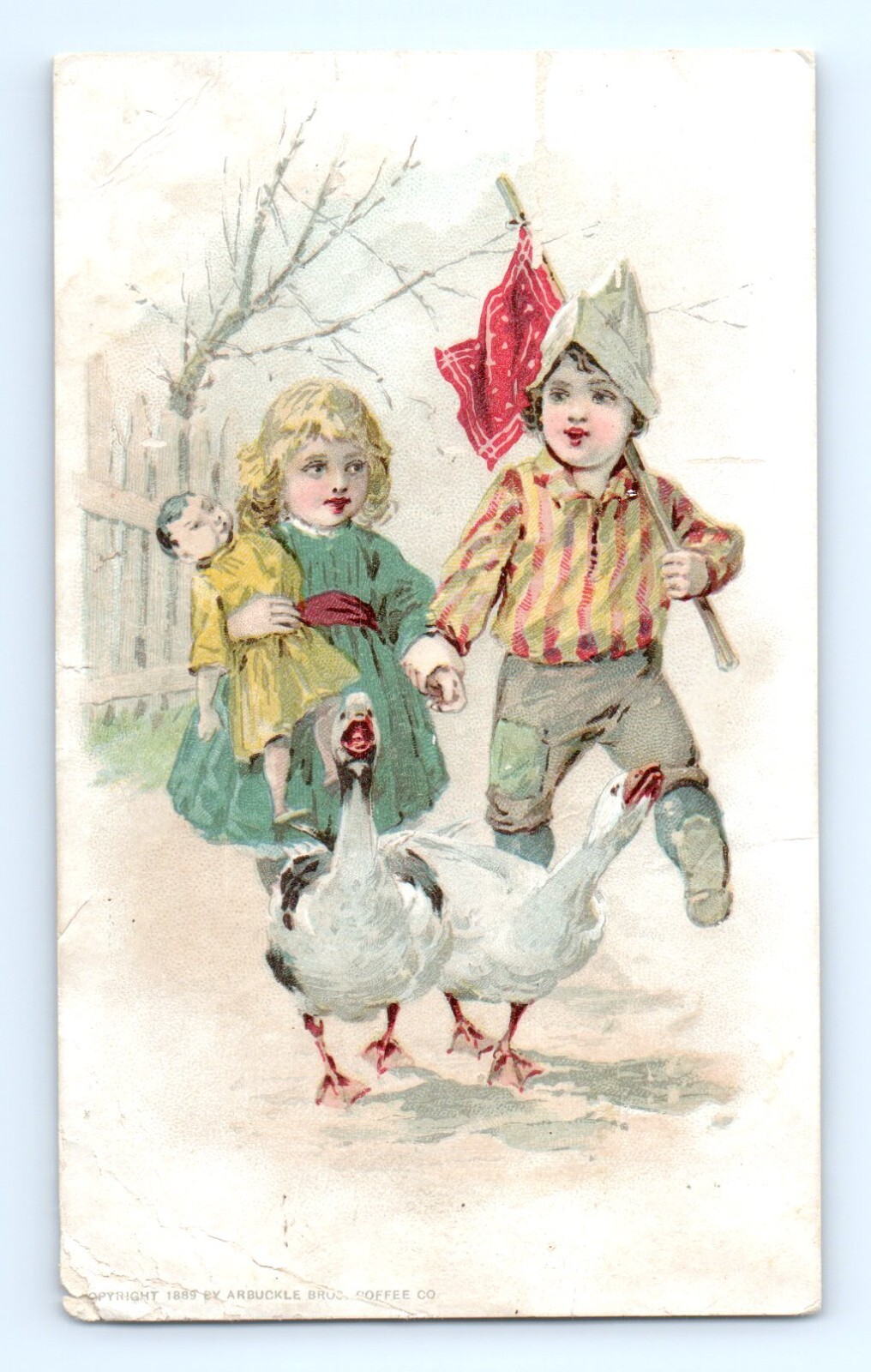 Arbuckle Ariosa Coffee Trade Card Children Chasing Recipe Roast Goose VTG Ad