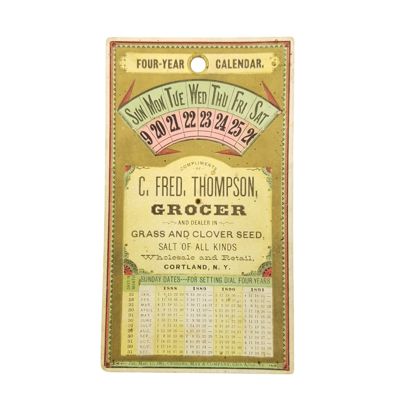 Antique Four Year Calendar 1888 Ad Trade Card Mechanical Grocer Cortland NY