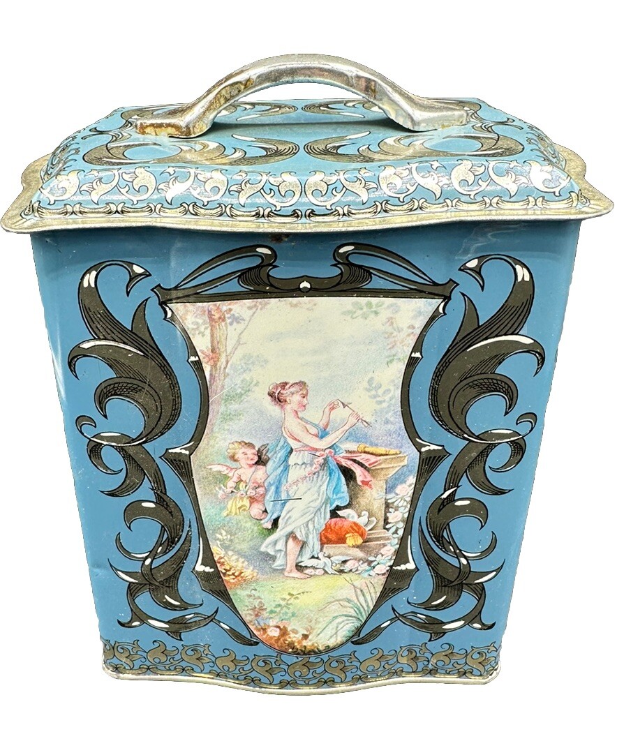 Vintage Cookie/Biscuit Tin w/ Handle Made in England Metal Doves & Angels U.K.