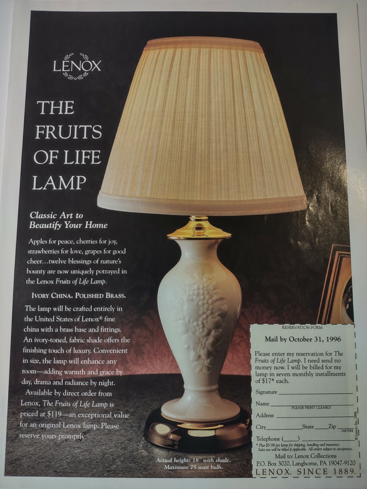 Lenox Fruits of Lamp Life Classic Art to Beautify Home Vintage 1990s Print Ad