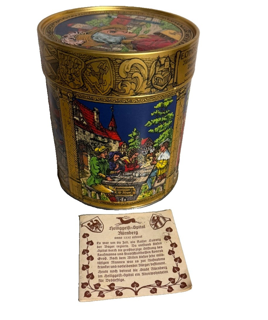 Vintage E Otto Schmidt Nuremberg Lebkuchen Tin 7″ with Historical Insert