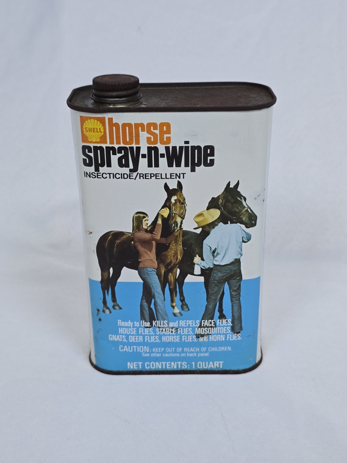 RARE Vtg Shell Horse Spray-N-Wipe Livestock Spray Can Western Cowboy Oil Gas Ad