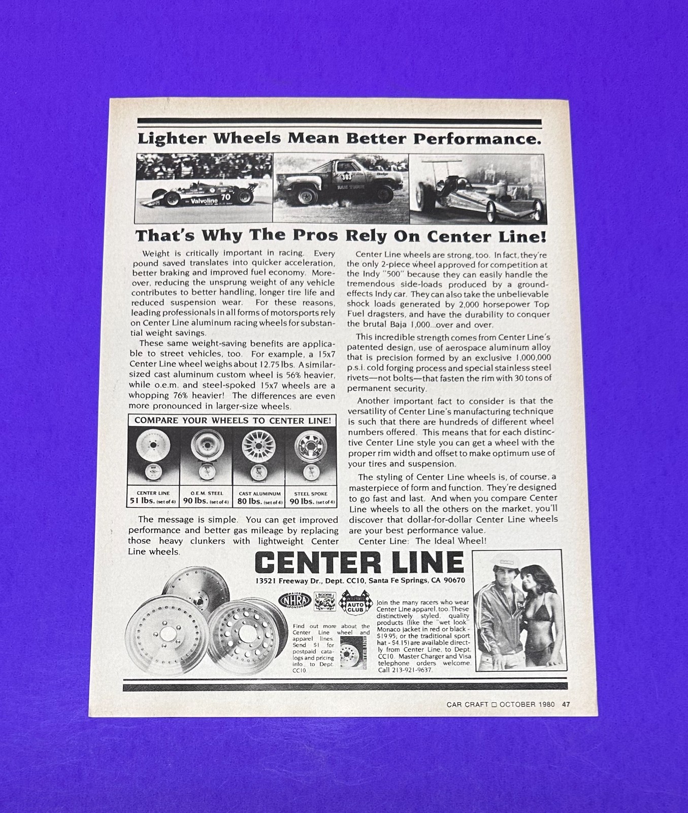 1980 Center Line Wheel Magazine Ad Auto Drag Mag Centerline Sexy Bikini Girl 80