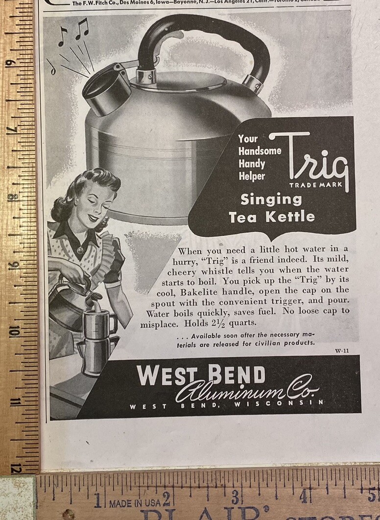Vintage Print Ad West Bend Trig Aluminum Tea Kettle Coffee Pot 1940s 6.75 x 5.5