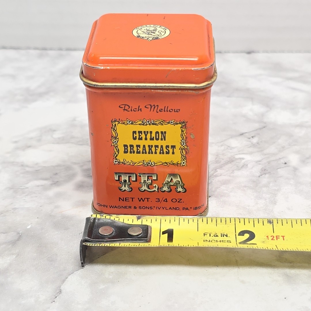 Vintage John Wagner & Sons Rich Mellow Ceylon Breakfast Tea Tin Orange 3/4 Oz