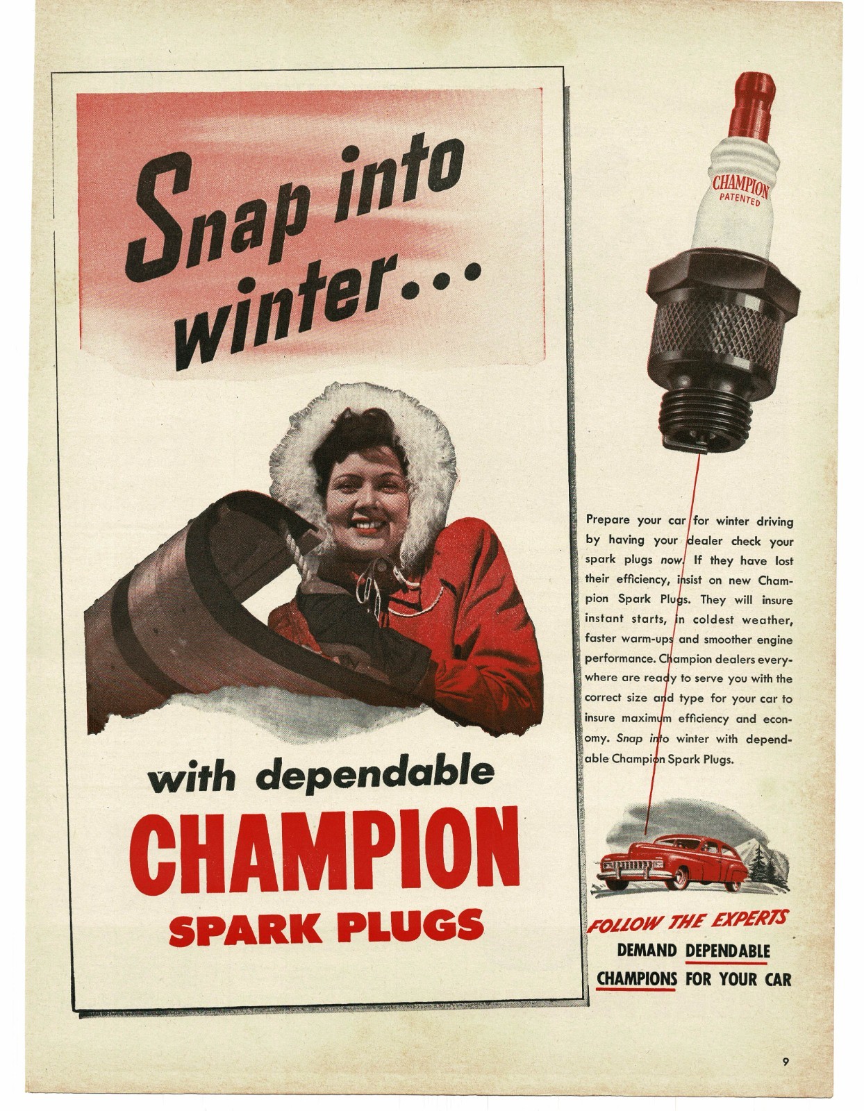 1946 Champion Spark Plugs girl on toboggan sled winter Vintage Print Ad