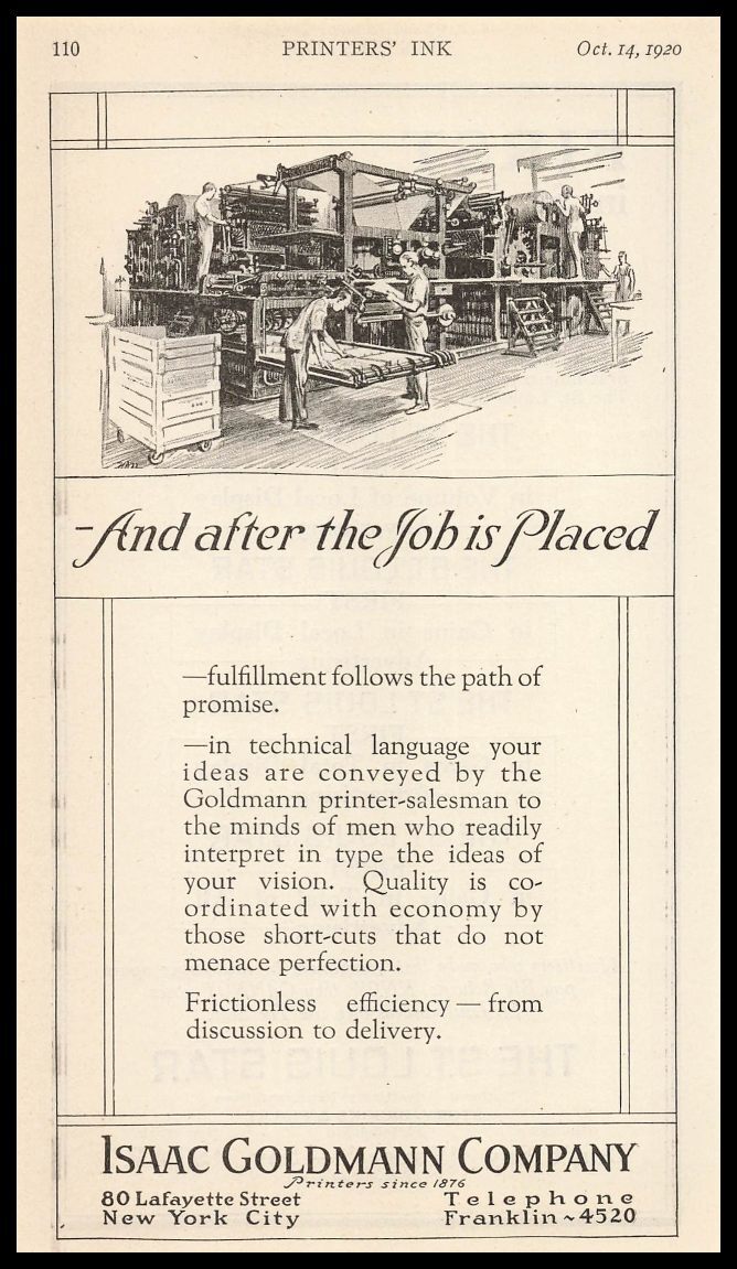 1920 Isaac Goldmann Co. New York City Printer Salesman Factory Vintage Print Ad