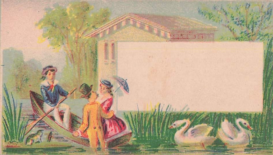Early 1900’s Victorian Trade Card, Leisure Scene / Swans, a Gondola-Style Boat